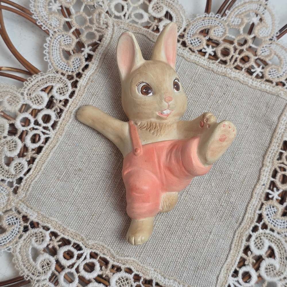 Vintage 70s Ceramic Bunny Rabbit Figurine Shelf Sitter Peach Overalls Playful